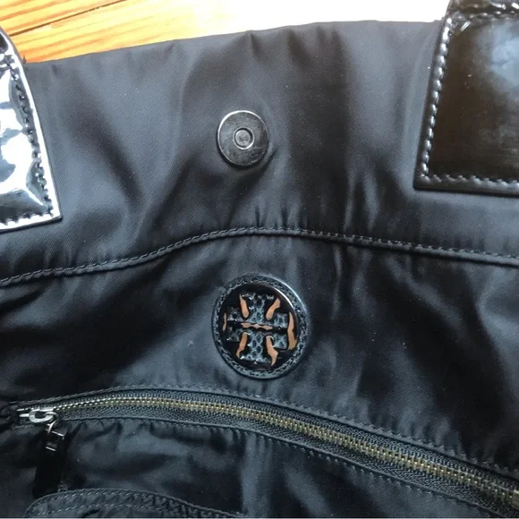 Tory Burch Ella Black Leather Nylon Tote Bag, EUC, 16.5”